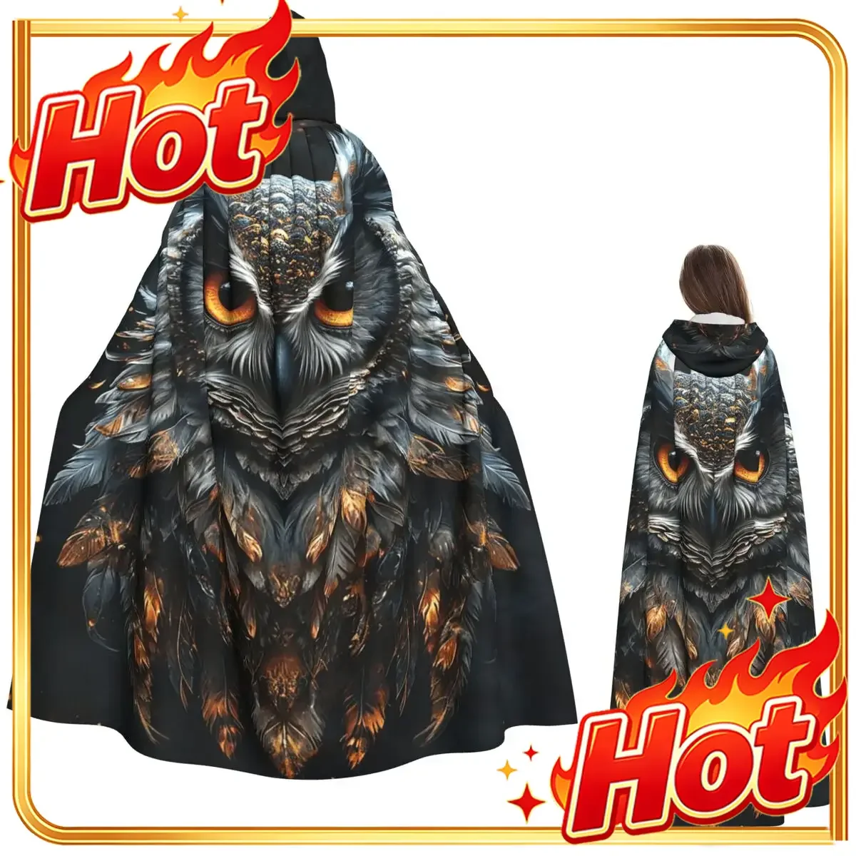 Owl Portrait Long Hooded Cloak Witch Medieval Costume Cosplay Cape HalloweenParty Adult Unisex