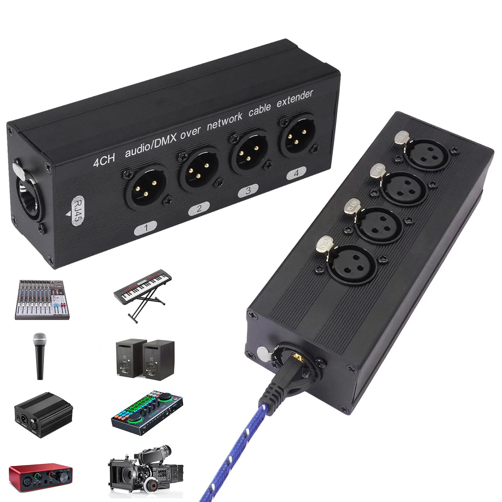 rj45-4チャンネル3ピンxlrイーサネットアダプター-1ペアオーディオエクステンダー-ネットワークケーブルエクステンダー-ライブステージオーディオ録音スタジオ用