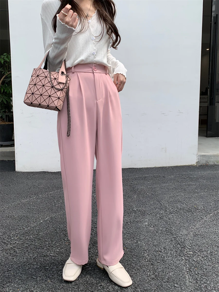 

Розовые широкие брюки OONA для женщин, летние, тонкие, струящиеся, свободного прямого кроя, костюмные, с высокой талией, длинные, асимметричный дизайн