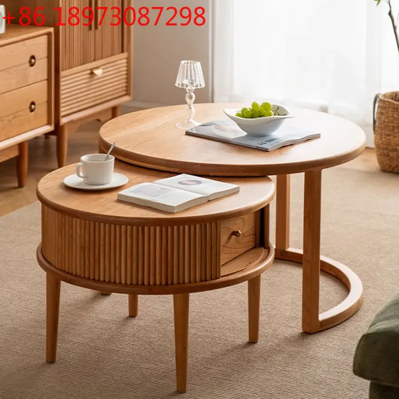 

Nordic solid wood round coffee table oak edge Japanese style medieval cherry wood home round table