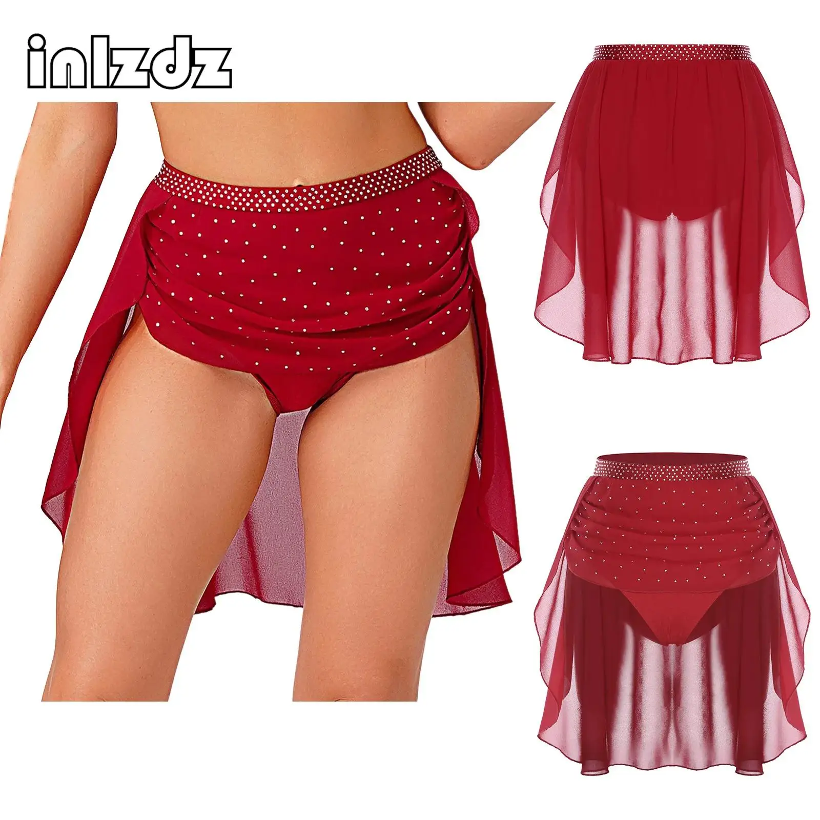 

Womens Modern Lyrical Dance Skirt Shiny Rhinestone Irregular Chiffon Hem Built-in Briefs Skirt Competition Performance Dancewear
