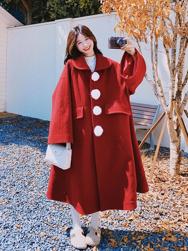 

Cisas New Year Red Woolen Coat Women's Long Loose Age-Defng Bouclé Coat Korean Sle Commute Thiened Long Sve
