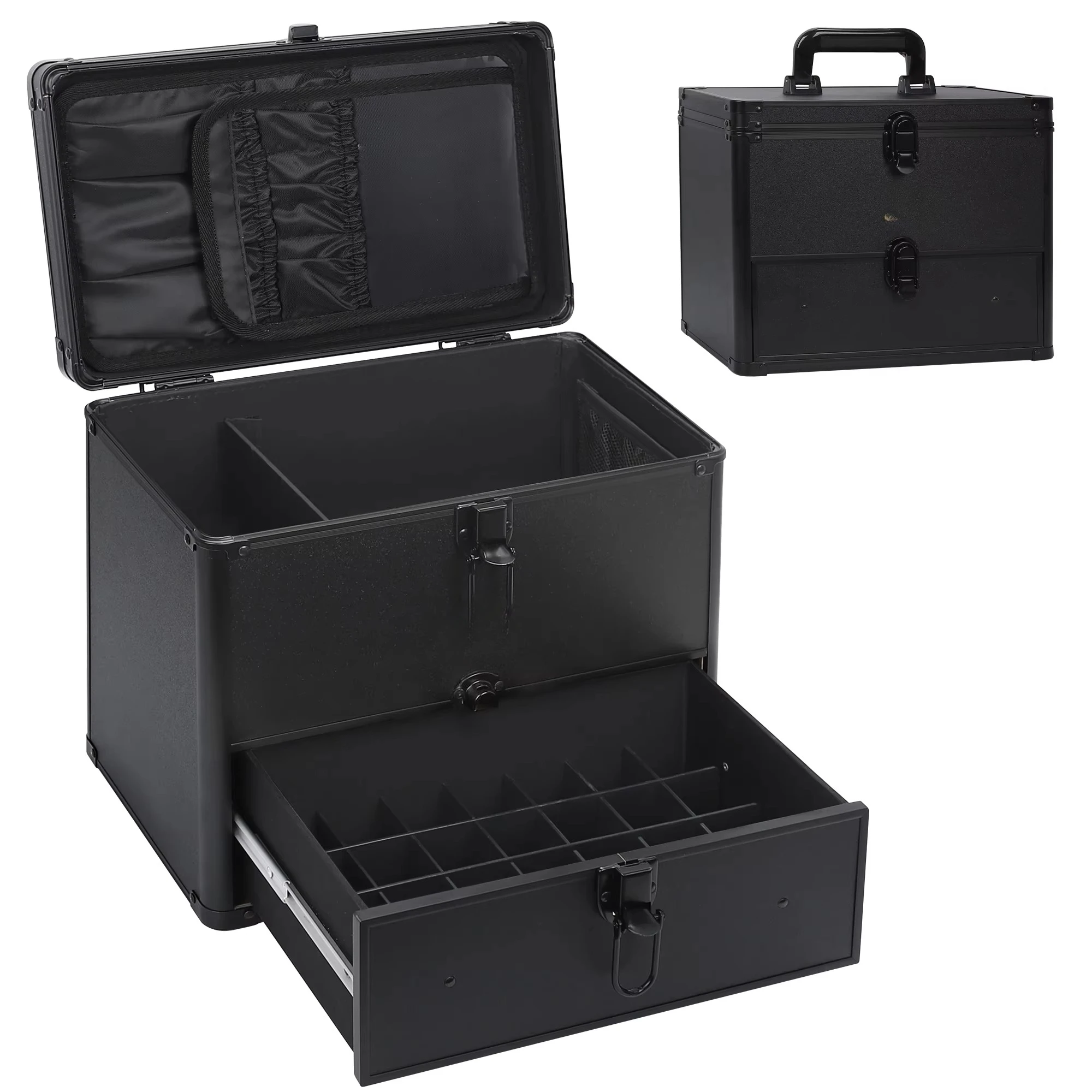 Black Aluminum Nail Polish Case with Drawer Professional Nail Tech Storage Box for Nail Lamp & Manicure Tools