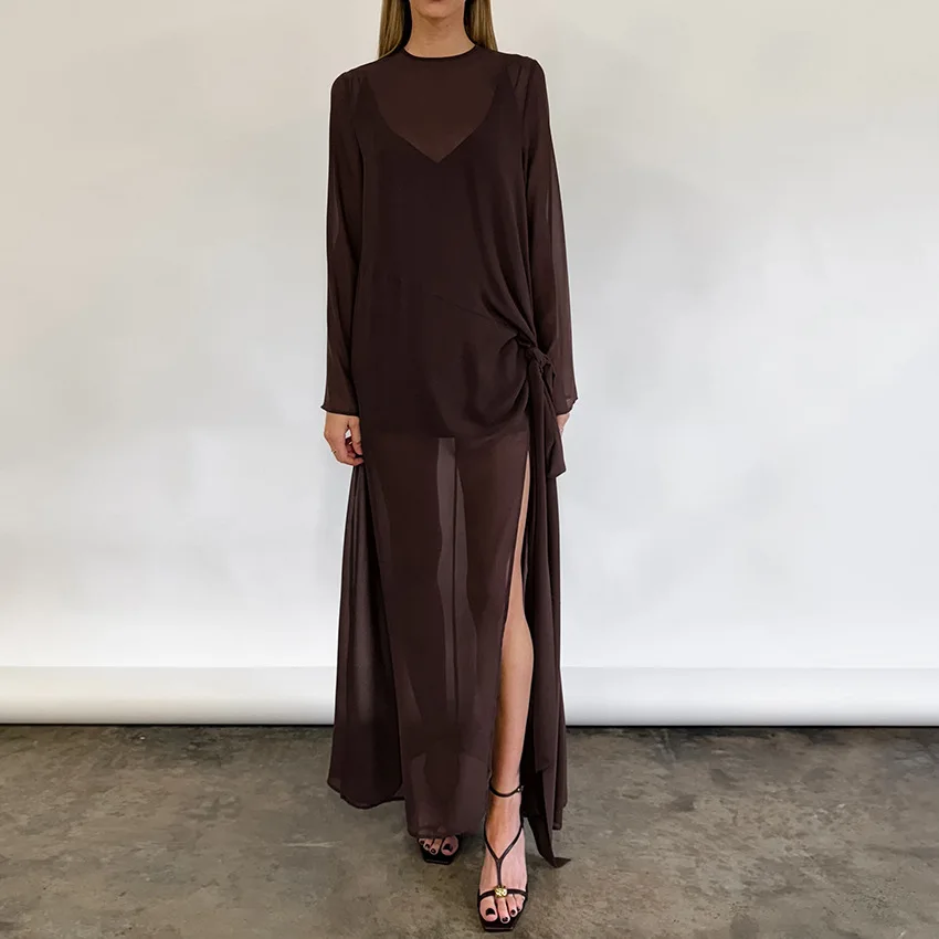 Sexy Braunes Transparentes Maxikleid Damen Langarm Seitenschlitz Langes Kleid Elegantes Mesh Bodycon Kleid Party Clubwear Strand Cover-Up