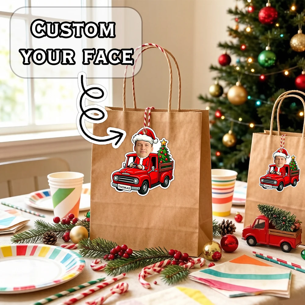 20pcs Custom Face Red Truck Christmas Ornament, Personalized Name Vintage Pickup Xmas Tree Hanging Decor