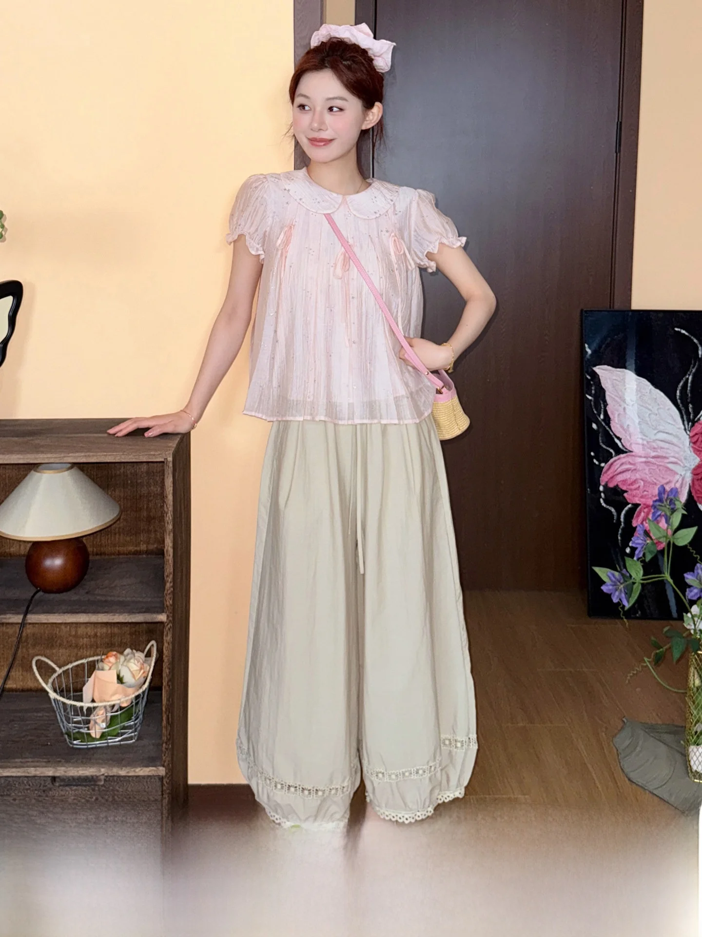 

Pink Casual Short Sleeve Doll Collar Knot Top Women's Fashion Spring Summer Sweet Style Ruffle Sleeve Loose Fit Shirt