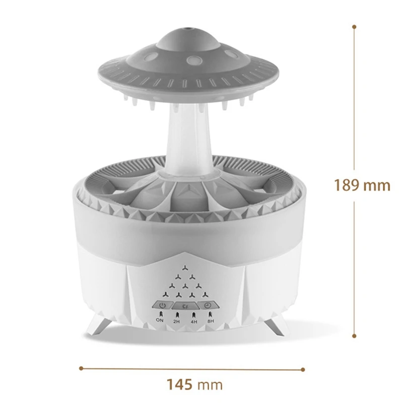 Umidificatore a luce notturna a nuvola di pioggia con suono a goccia d'acqua piovana e diffusore di olio essenziale a luce LED a 7 colori