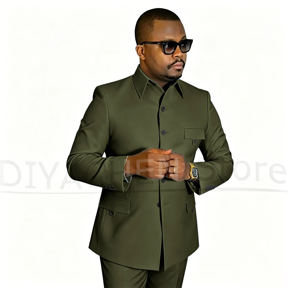 Fashion Men Suit 2 Piece Stand Collar Single Breasted Outfit Slim Fit Formal Business Casual Wedding Party Suits Blazer Pants view 4