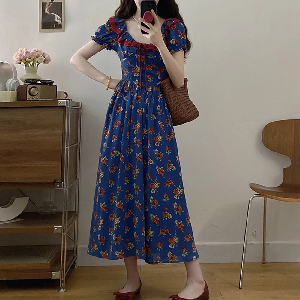 French Retro Ruffled Collar Floral Blue Patchwork Dress For Women Slim-fit Pastoral Fairy Tea Party Dress Oversize For Summer