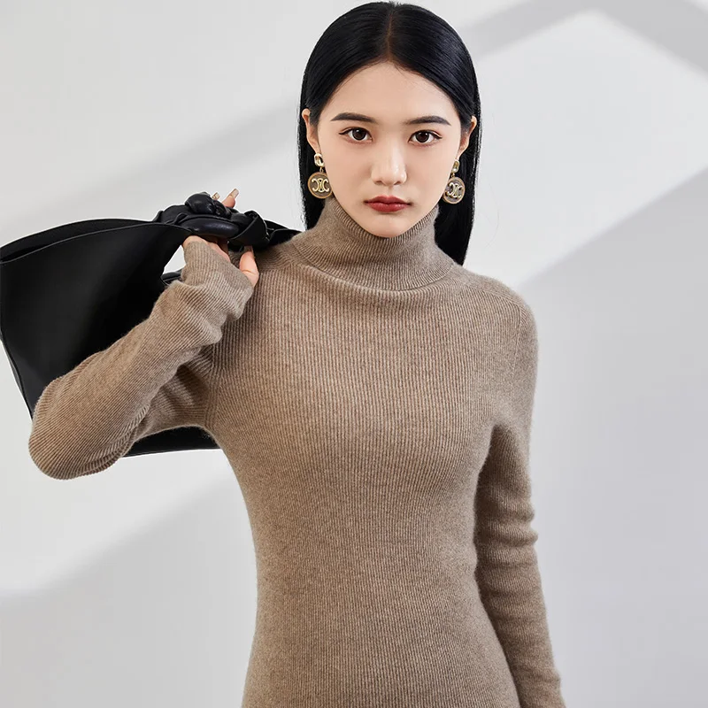 100% Cashmere Pure Cashmere Sweater, High Reverse Collar Slim fit Versatile Knitted Base Sweater for Women