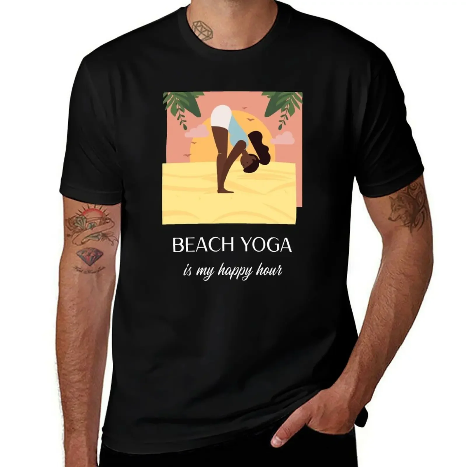 

beach yoga is my happy hour beach yoga T-Shirt football t shirt man clothes cute clothes tops mens graphic t-shirts anime