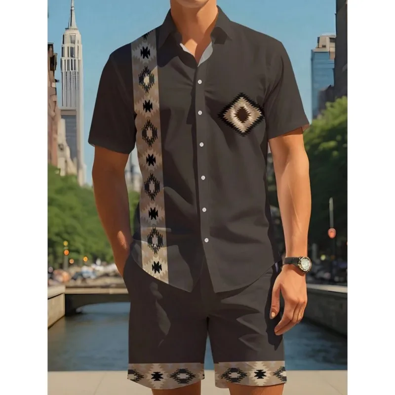 

Summer Everyday Men's Short-sleeved Shirt Street Fashion Beach Shorts Patchwork Striped Print Men's Casual Shirt And Shorts Set
