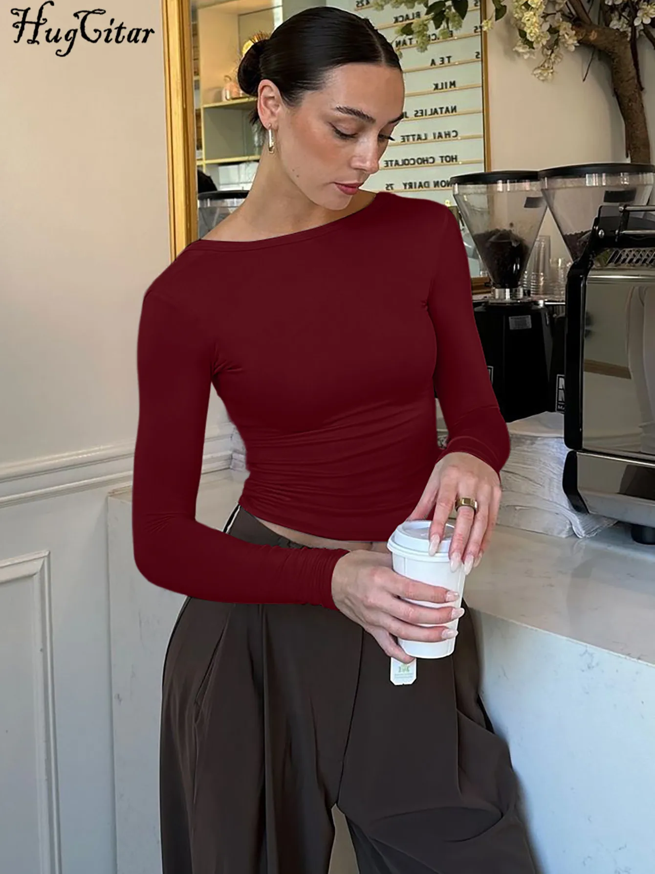 Hugcitar Women'S Fashion Solid O Neck Backless Long Sleeve Sexy Slim Crop T-Shirt Top Fall Casual Outfit Party Festival Club