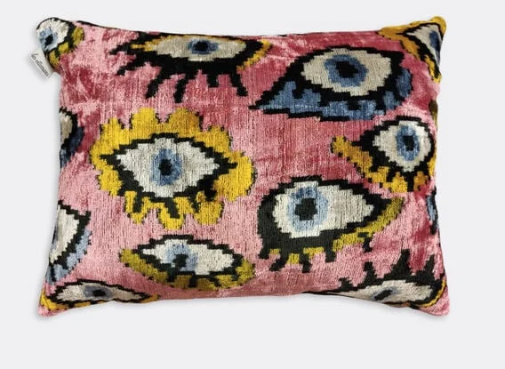 

Velvet cushion, pink, yellow and blue Les-Ottomans