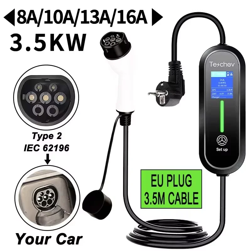 220 V Draagbare EV Charger Type2 IEC 62196 Elektrische Autolader 3.5KW 16A 1 Fase EVSE Snel Opladen Wallbox EV Laadstation