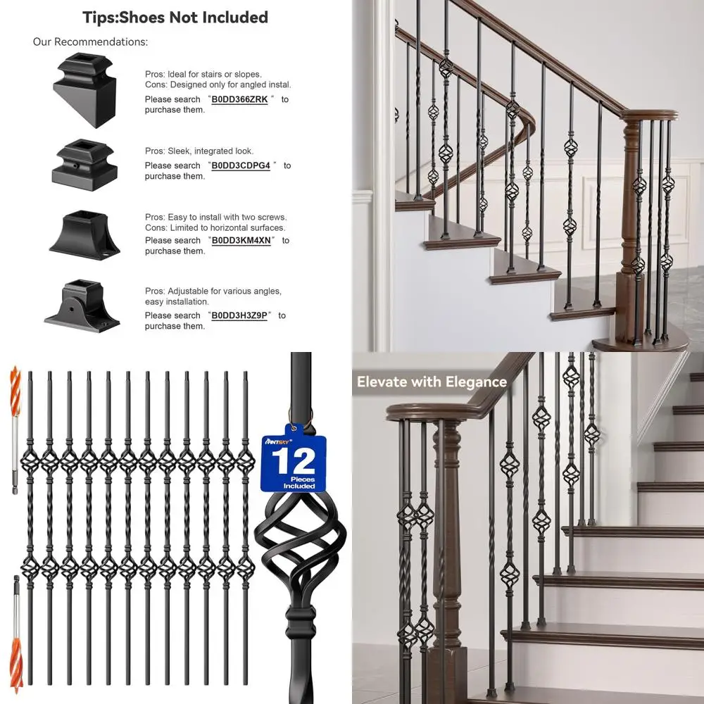 

12 Pack Black Hollow Iron Double Basket Balusters for Indoor Stair Railing with 2 Wood Drill Bits