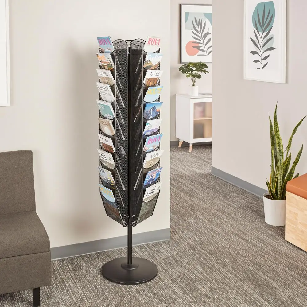 

Onyx Rotating Mesh Magazine Holder, Display Rack with 30 Pockets, Brochure Organizer, CommercialGrade Steel Construction, Black