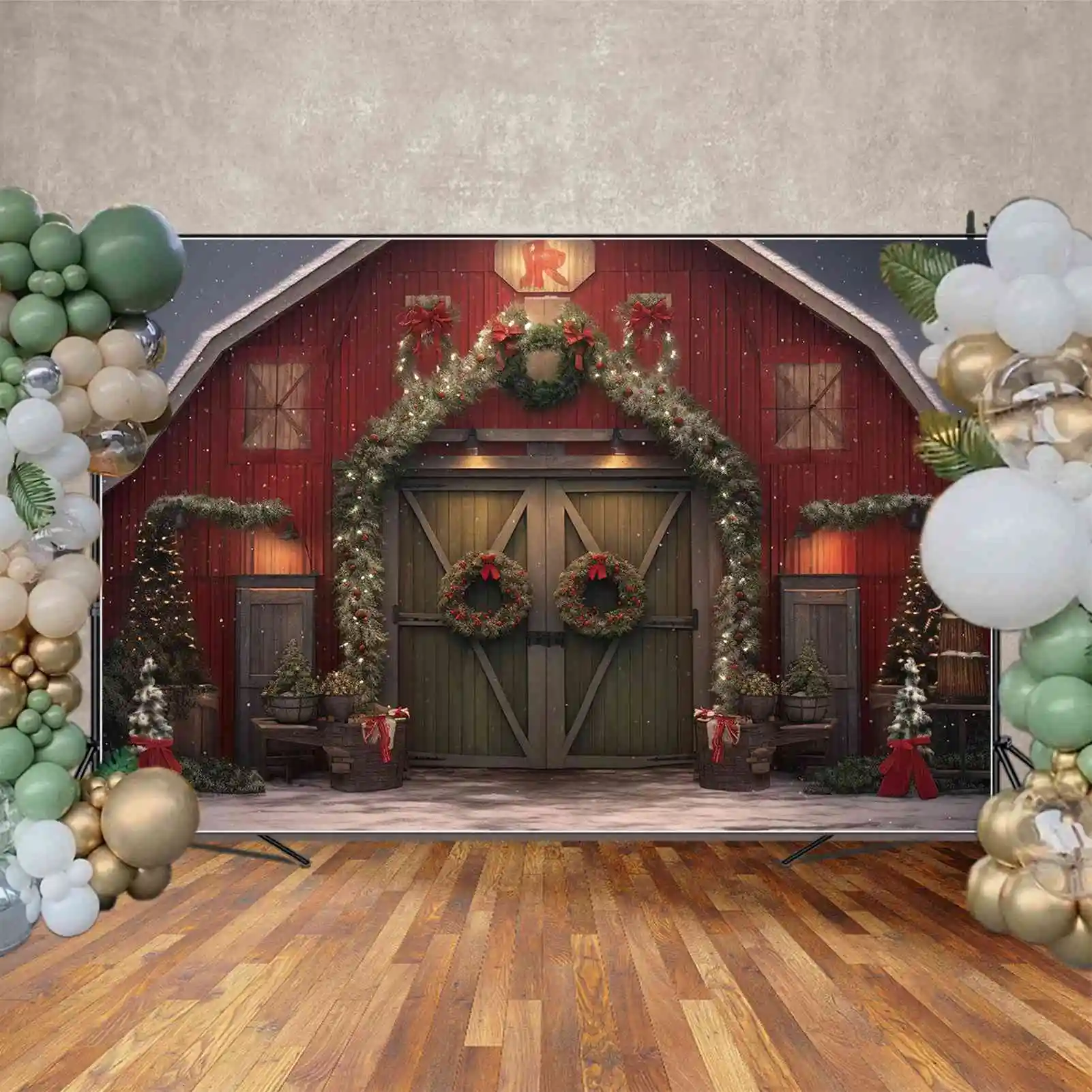 MOON.QG sfondo natale rosso legno casa portico ghirlanda porta cancello festa parete sfondo plancia luci stringa Bowknot Photo Booth