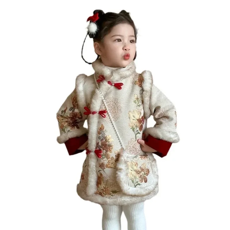 Gonna cheongsam ispessita da ragazza autunno e inverno 2025 nuovo abbigliamento di Capodanno ispessito per bambini scozzese in stile cinese