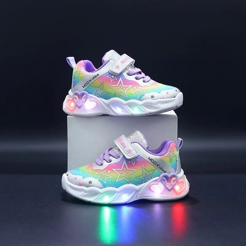 Girls' Rainbow Star Sports Shoes 2026 New Fashionable Cute and Versatile Soft Bottom Anti Slip Rainbow Color Flashing Sport Shoe