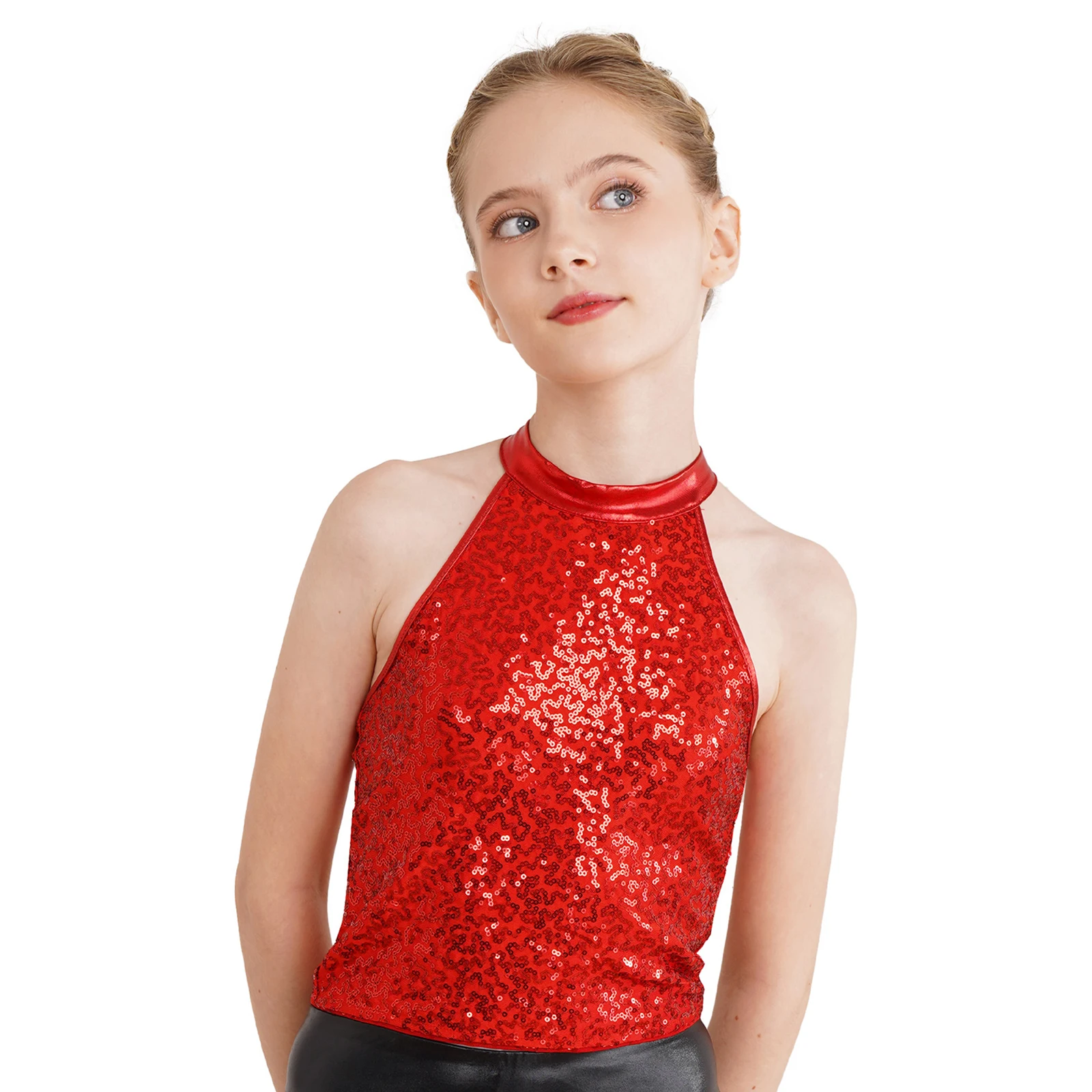 Kids Girls Sequined Halter Crop Top Shiny Cheerleading Jazz Latin Dance Tops Sleeveless Backless Vest for Stage Performance