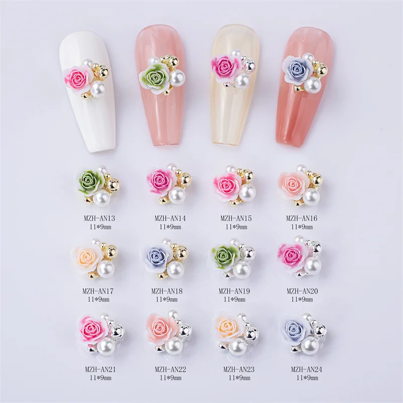 10PCS Luxury Nail Art Charms Resin Flower Pearl Decor Rhinestone For Nail Alloy Gems Parts For Manicure Nail Ornaments Supplies