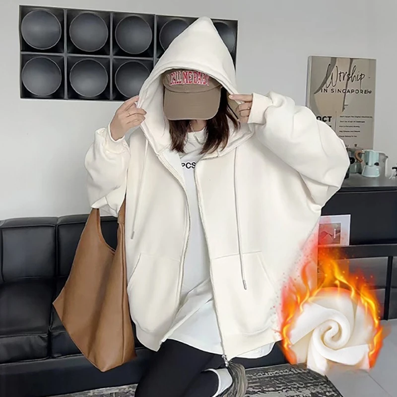 เสื้อฮู้ดผู้หญิง ฤดูหนาว สไตล์เกาหลีใหม่ ทรงหลวม สไตล์สบายๆ ซิปคาร์ดิแกน เสื้อแจ็คเก็ต ผ้ากำมะหยี่ เสื้อสเวตเตอร์ผู้หญิง เสื้อผ้าผู้หญิง