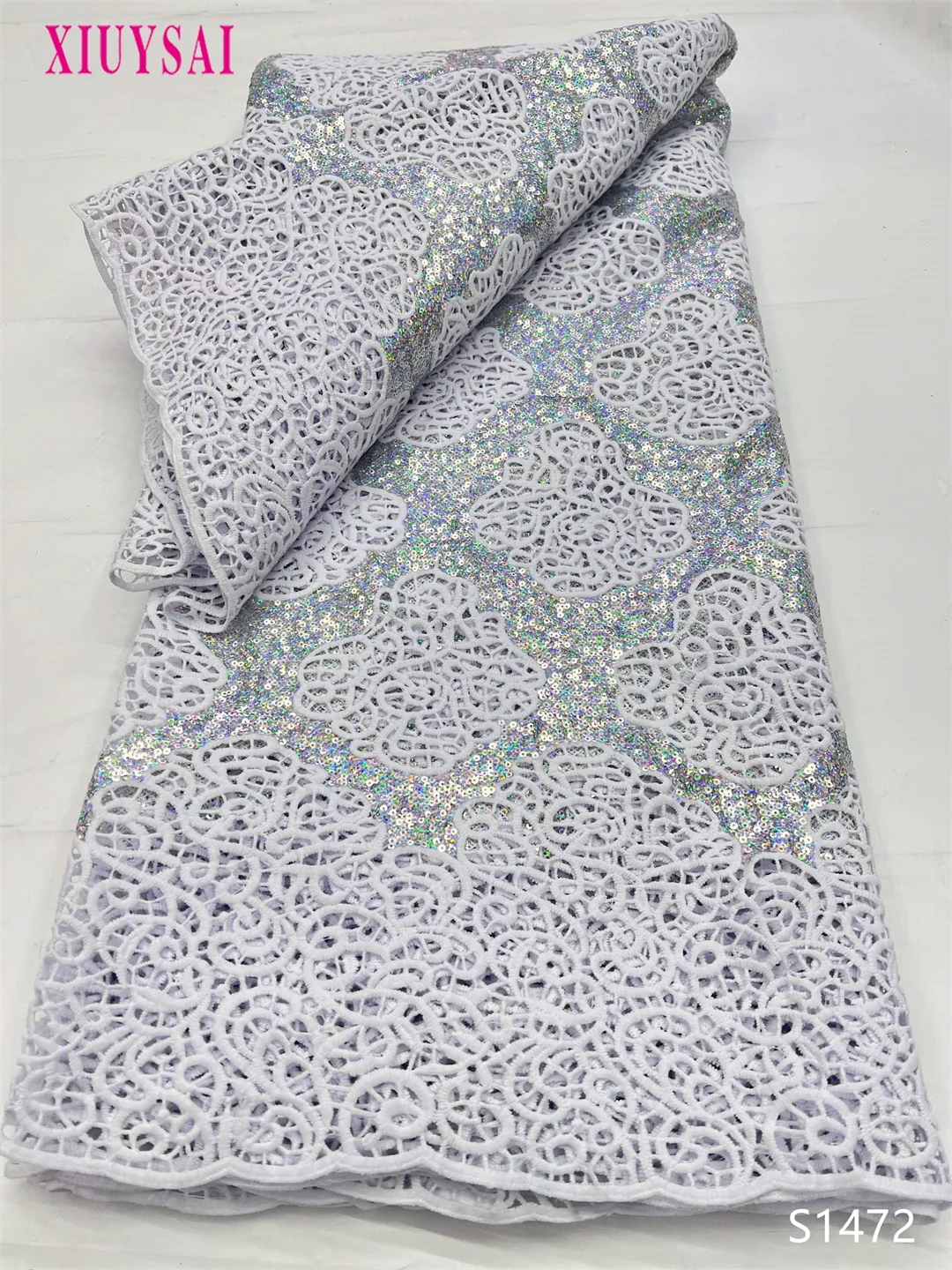 

Африканское кружево с пайетками и гипюром, 5 ярдов, белое, новинка 2026 года, нигерийское водорастворимое кружево для женских платьев, для шитья