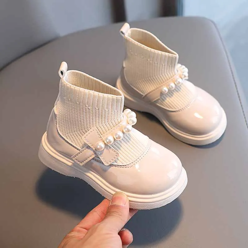 Girls Princess Boots Autumn Winter Children Thin Cashmere Lined Sock Shoes Toddler Fashion Beading Leather Boots Non-slip Shoes