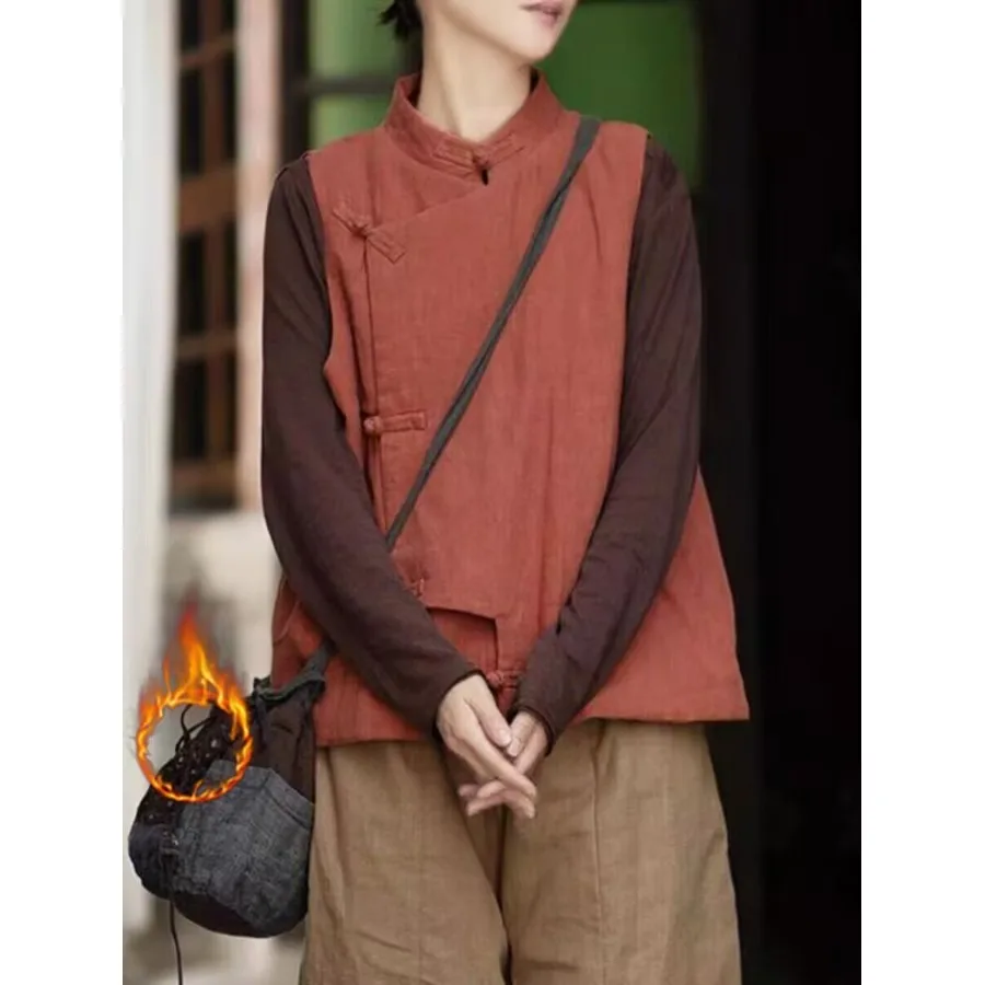 Thickened Warmth Women's Jacket Chinese Style Cotton Insert Stand Collar Button Vintage Outerwear Anti-Aging Vest for Winter