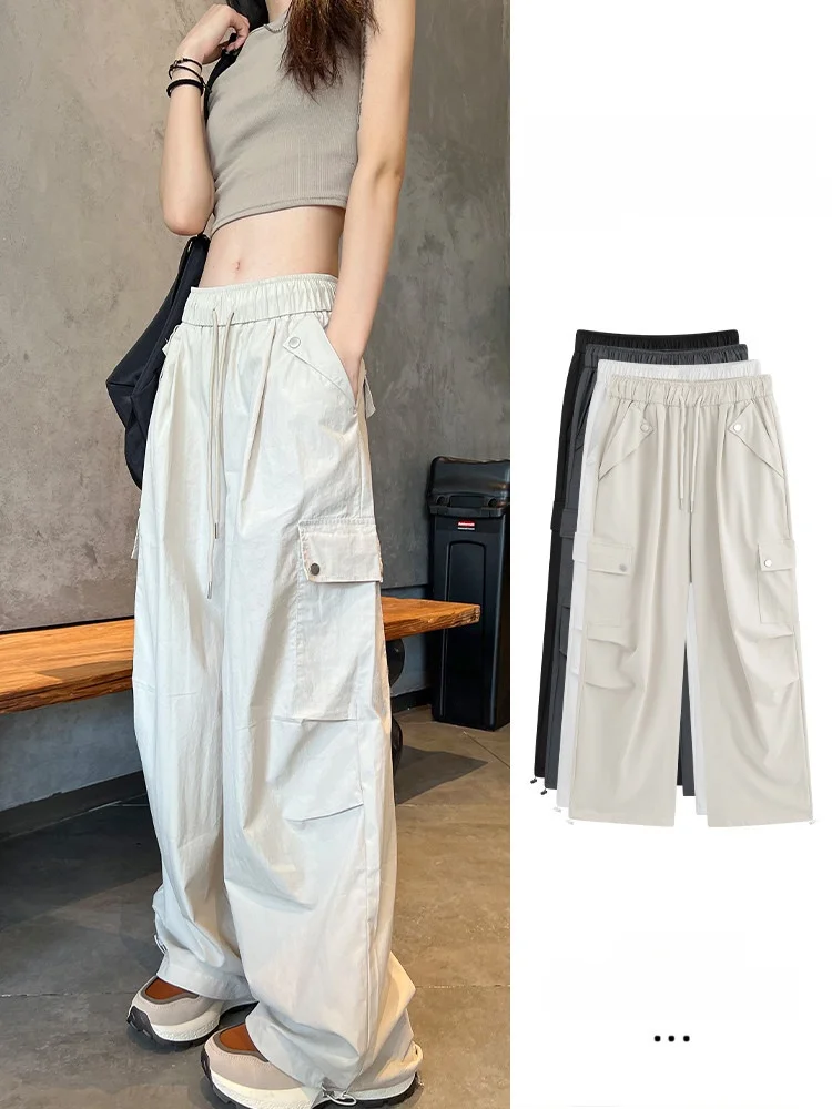 

Ice Silk Cool Sensation Quick Dry Wide Leg Workwear Pants Women Summer Thin Loose Drape American Sport Straight Leg Trousers