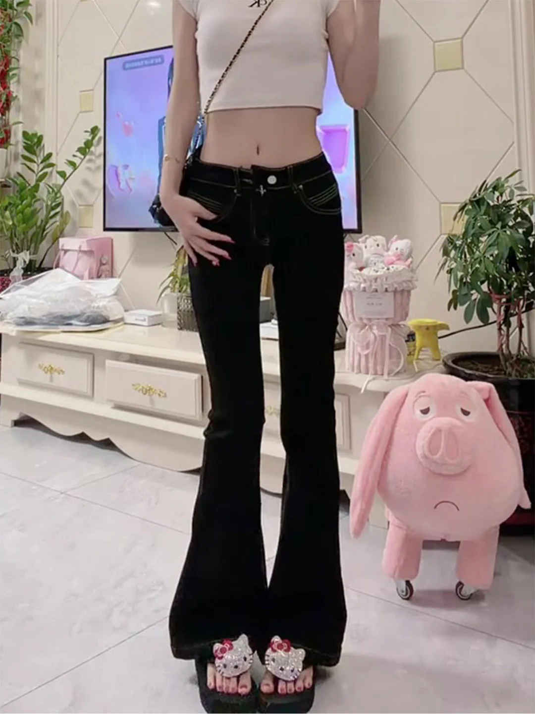 

Trendy American Style High Waist Black Skinny Jeans Women's Bootcut Denim Pants for Pear Shaped Body Summer New Arrival