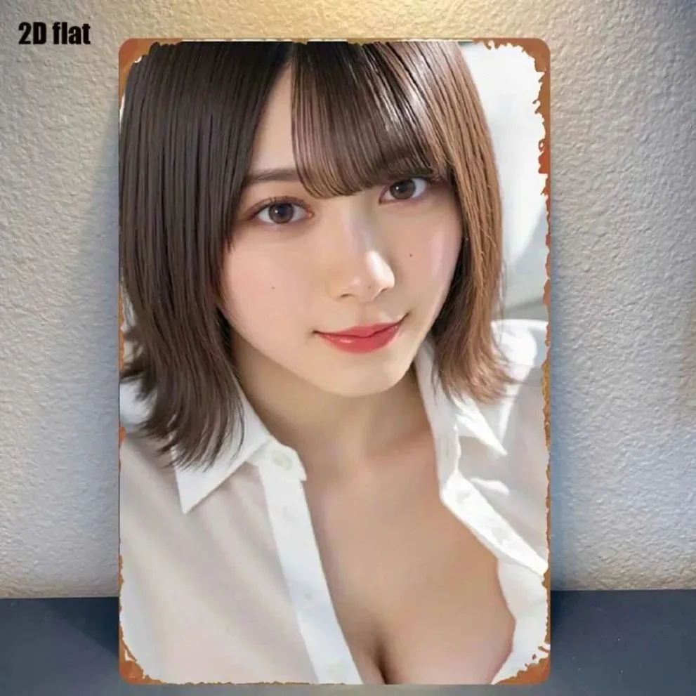 2026 HD Metal Tin Sign Cute Japanese Girl in White Button-Down Shirt Retro Metal Plaque Wall Art for Home Decor 8x12 Inch