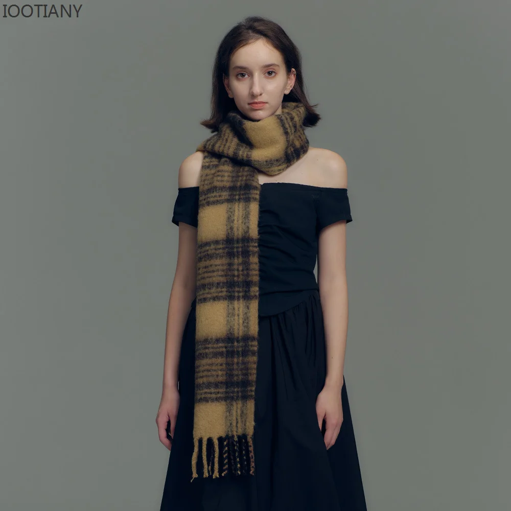 IOOTIANY New Women\'s Winter Woven Warm Scarf Casual Extra Long Wool Scarve Narrow Version Maillard Plaid Tassel Shawl