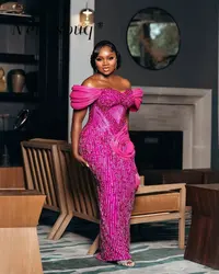 Hot Magenta Off Shoulder Heavy Beaded Evening Dresses Asoebi 2025 Nigerian African Traditional Wedding Party Gowns Plus Size