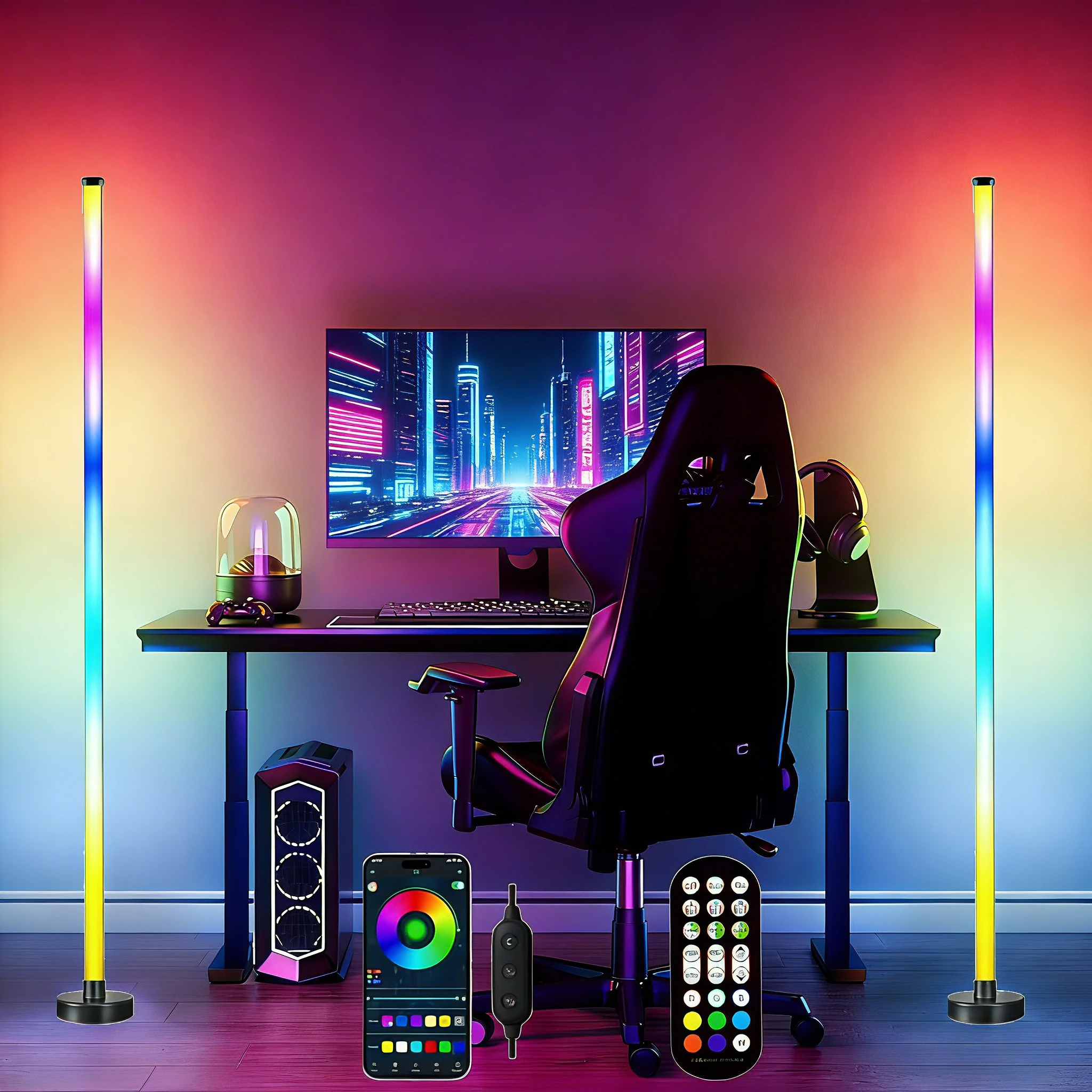 

Светодиодный торшер RGB с дистанционным и APP-управлением, синхронизация с музыкой, угловое освещение, таймер, современный напольный светильник для гостиной и игровой комнаты