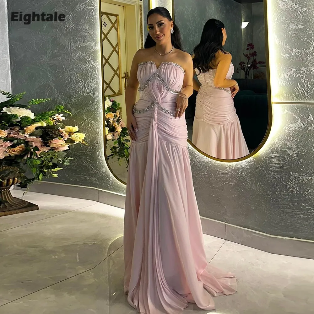 

Eightale Arabic Evening Dresses for Wedding Party Sweetheart Customized Chiffon Pink Floor Length Beaded Muslim Prom Gowns
