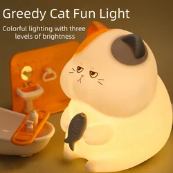 Veilleuse LED chat gourmand avec port de charge USB Type-C, veilleuse de dessin animé chronométrée, lampe de chevet créative, batterie au lithium, escales colorées