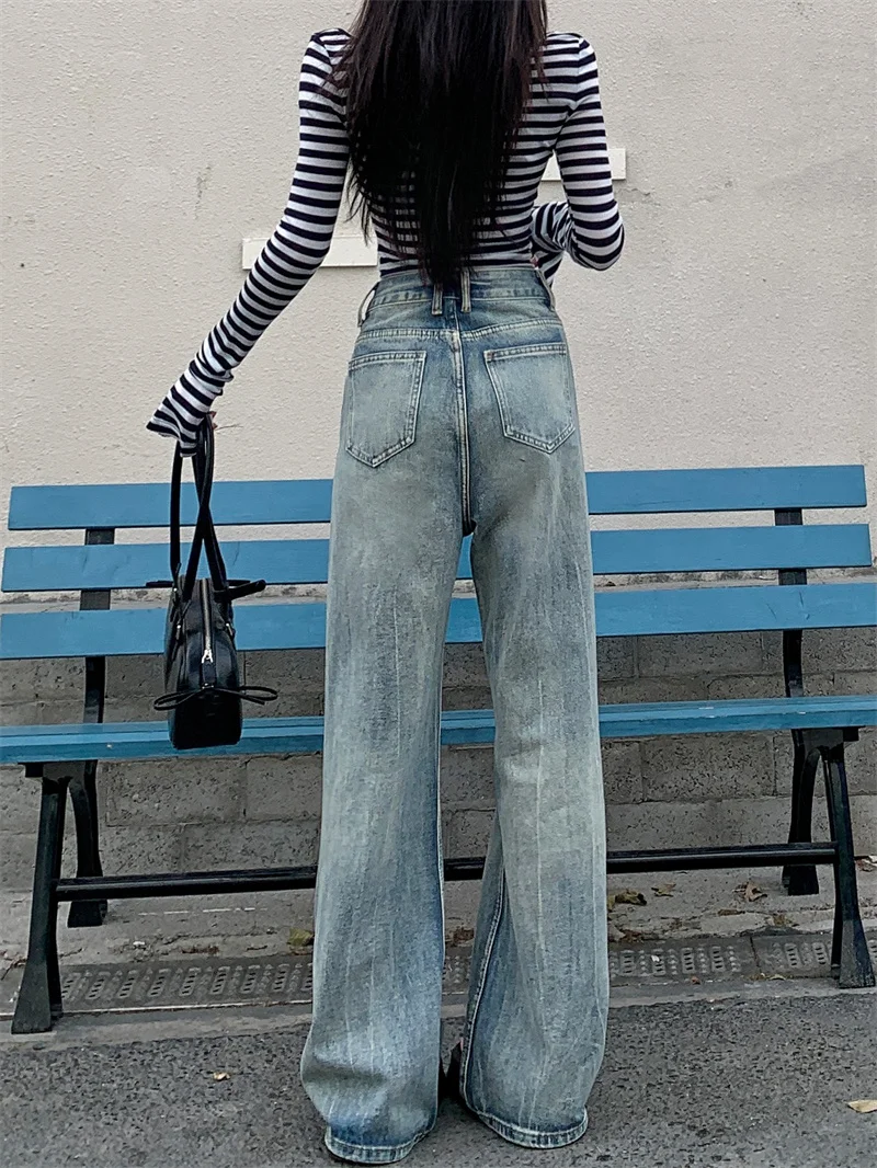 Summer Korean-style distressed light blue jeans for women high-waisted wide-leg floor-length loose-fitting flattering casual and versatile