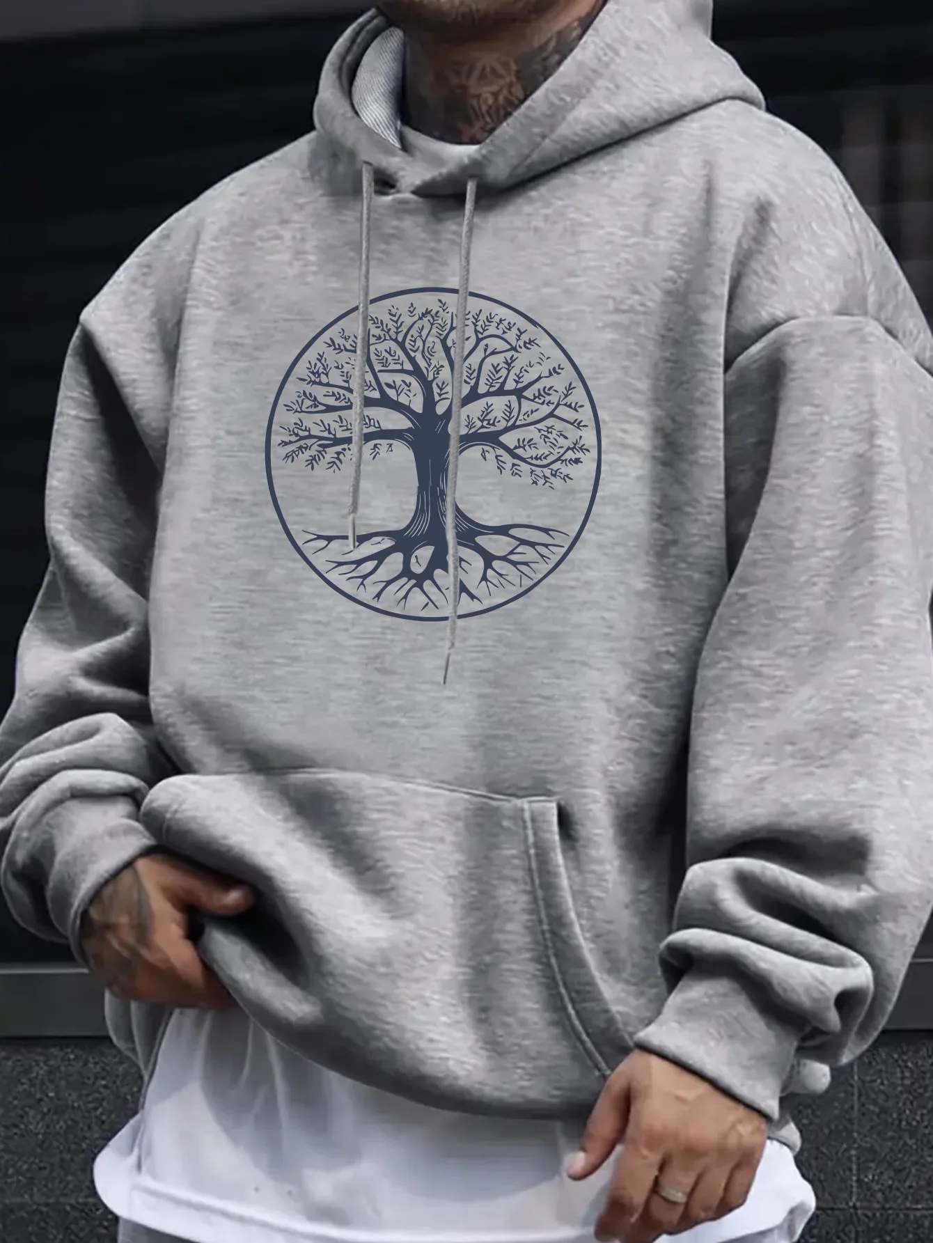 Outdoor Sports Casual Life Tree Circle Print Gray Hoodie Forest-Style Retro Loose Pullover Sweatshirt