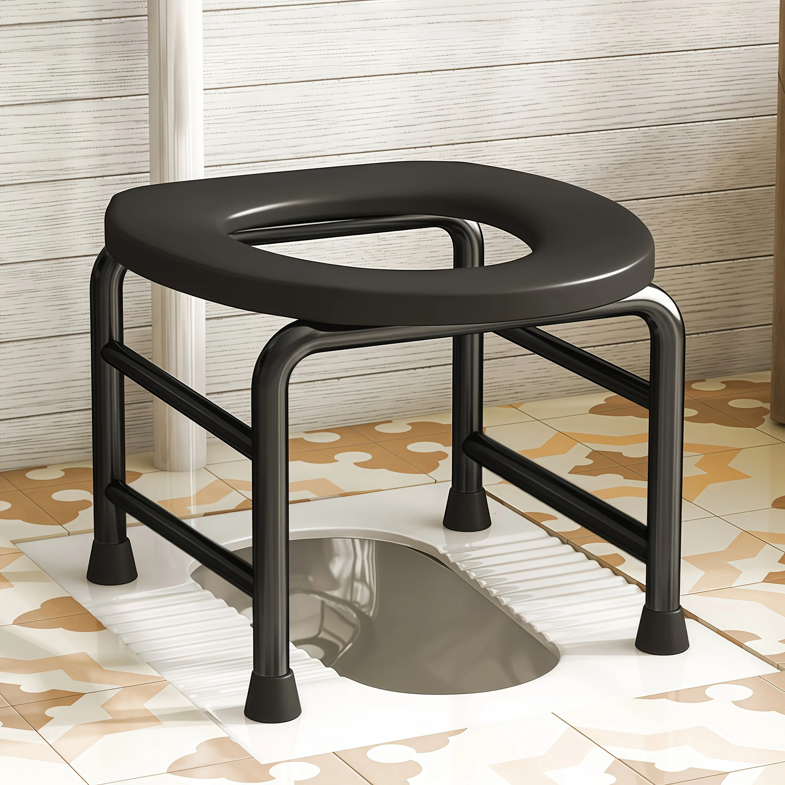 Conjunto Gratuito de Três Peças (Prancha de Banho, Almofada de Assento, Cadeira de Comodo) Cadeira Sanitária Fixa em Aço Carbono, À Prova de Ferrugem e Fácil de Limpar, Adequada para Uso Temporário em Banheiros e Exteriores