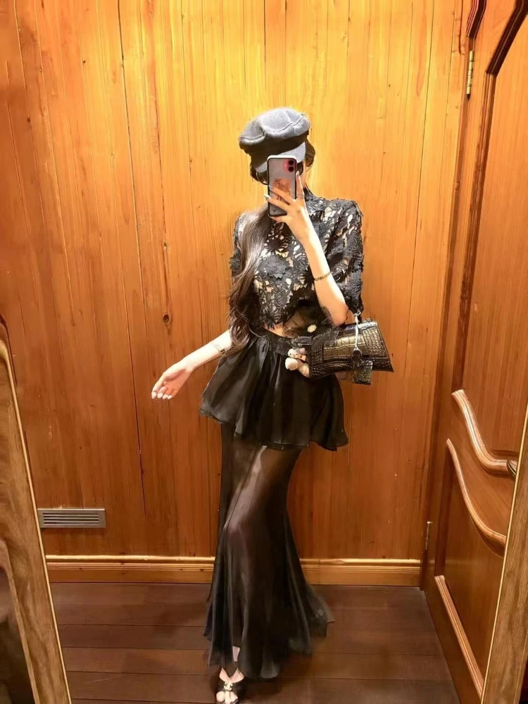 القوطية الأسود الدانتيل قطعتين مجموعة المرأة خمر شير الجوف خارج أعلى عالية الخصر تنورة طويلة الظلام أنيقة حزب الرجعية وتتسابق 2025