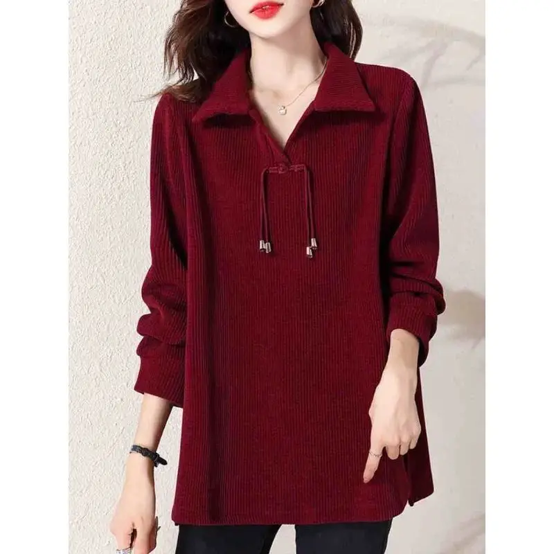 

Polo Neck Solid Plus Size Vintage T Shirts Women Clothing New Spring Autumn Long Sleeve All-match Casual Tops Office Fashion