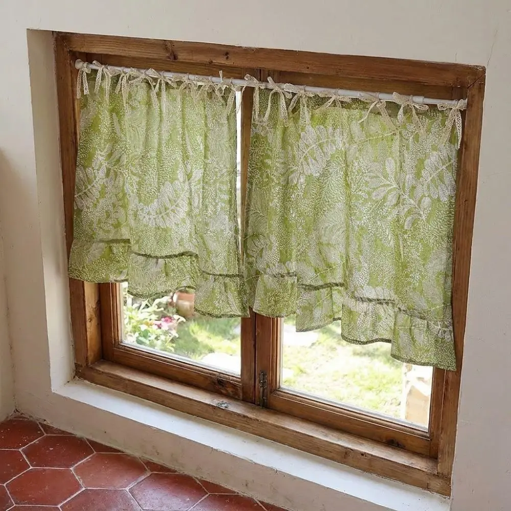 Vintage Kitchen Oven Skirt Light Blocking Dust Proof Cabinet Curtains Lace Strap Leaf Pattern Room Partition Curtain