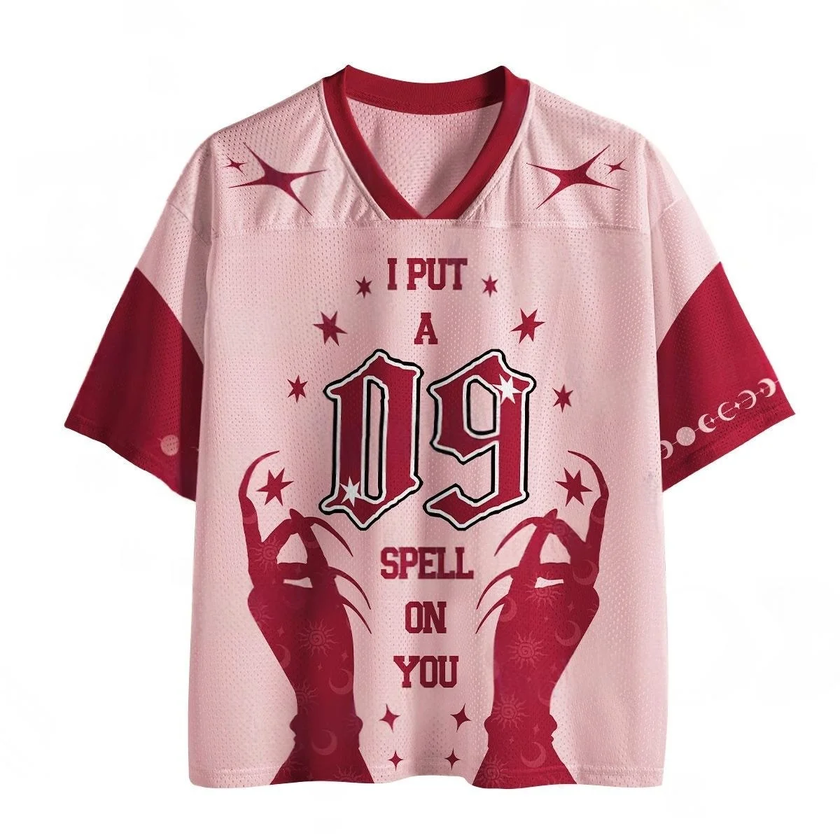 09 Number I Put A Spell On You Football Jersey Witch Hand Moon Star Print V Neck Pink Red Halloween Gothic Sports Tee