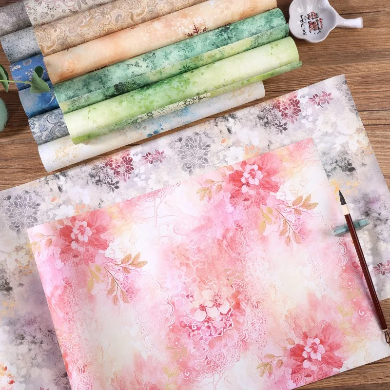 Wax Dyed Long Scroll Floral Xuan Paper Half Raw Rice Paper Color Stationery for Regular & Running Script Brush Calligraphy
