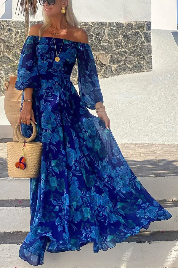 

2025 New Fashion Printed Backless Ruffle Dress Feminine Sexy Elegant One-line Collar Lantern Sleeve Long Dresses For Women