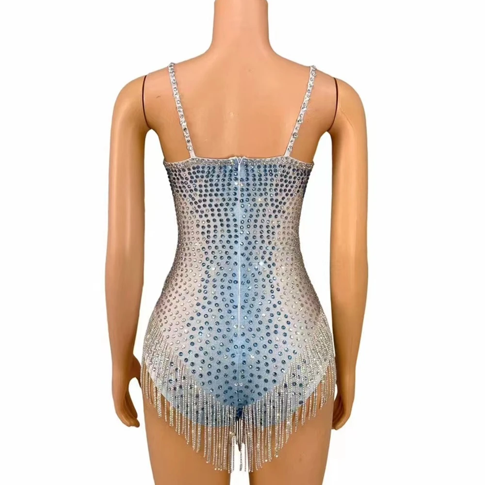 Customized Sparkly Rhinestones Chains Bodysuit for Women Sexy Performance Dance Costume Singer Dancer Leotard Show Stage Wear