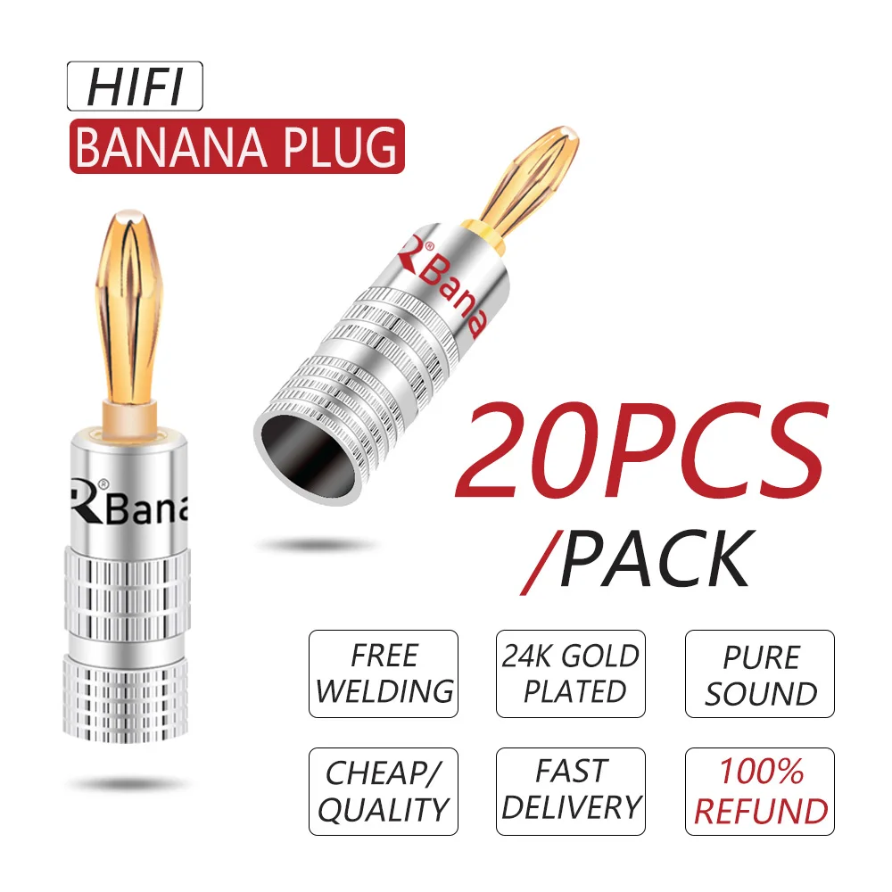 20pcs/10pairs BANANA PLUGS 24K Gold-plated 4MM Banana Connector with Screw Lock For Audio Jack Speaker Plugs Black&Red