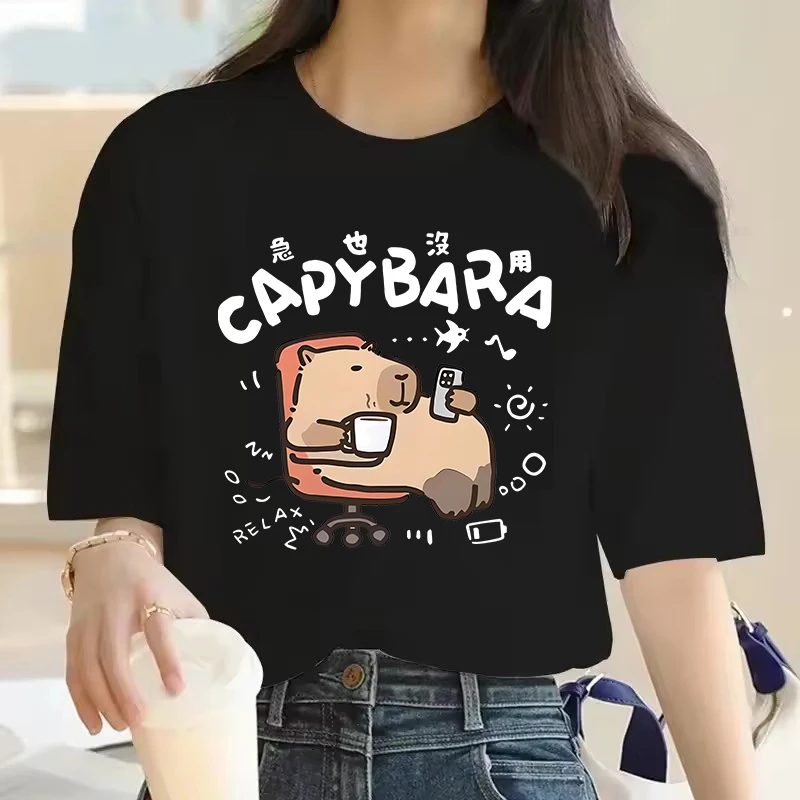Manga Relax Capybara Print T-Shirt Kurzarm Capibaras Casual Sommer Frühling Damen Kleidung Top T-Shirt